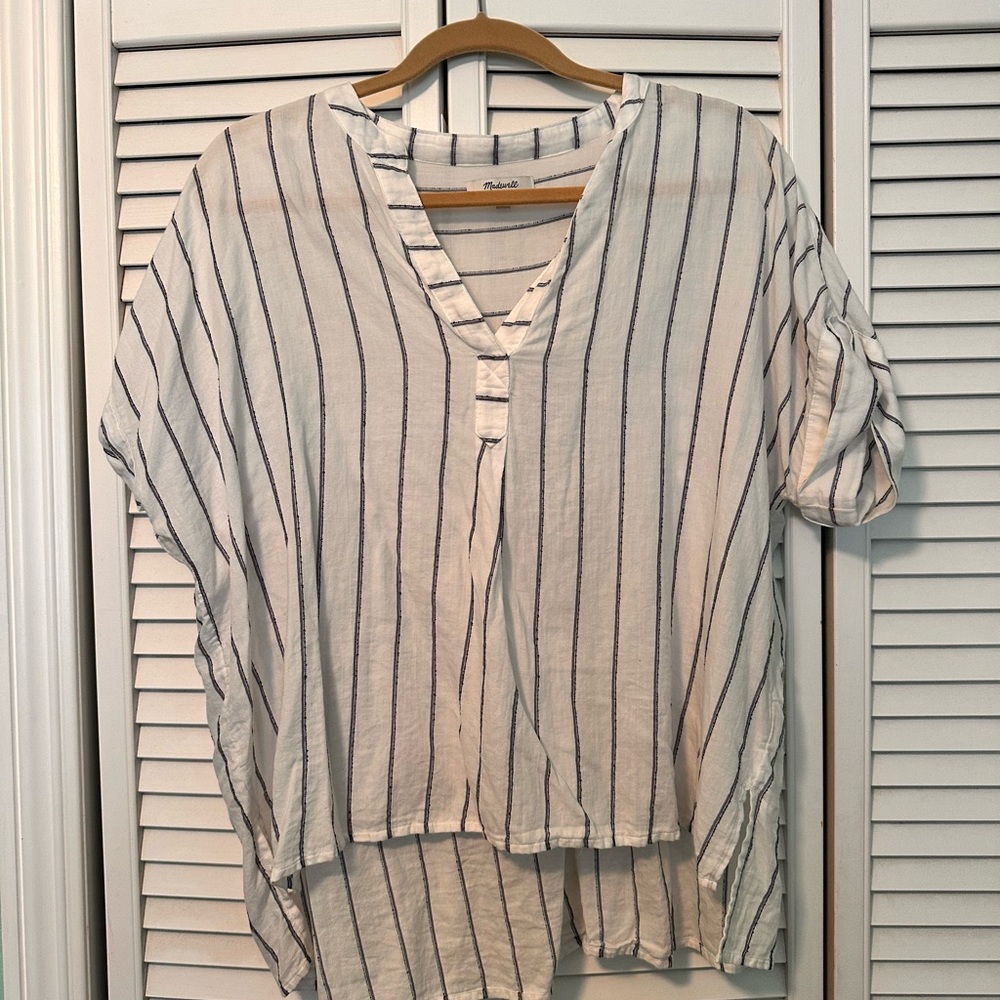 Madewell White and Blue Striped V-Neck Blouse